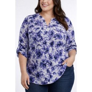 Erika Women 2X Lilac Flash Purple Floral Cotton Roll Tab Blouse Cotton Feminine